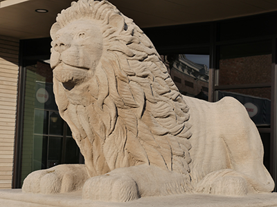 A lion statue on the Salem Square commissioned by Mr. Lee W. Sinclair for the State Bank of Salem
