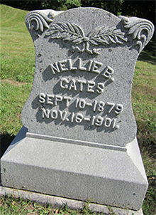 Nellie B. Gates Tombstone pictured in Riverside Cemetery, in Rush County